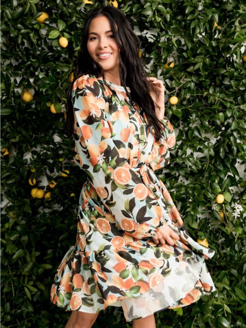 Rachel Parcell Lemon Print Chiffon Long Sleeve Sun Dress Size Medium